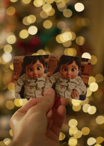 Christmas gift personalized card game in front of xmas tree